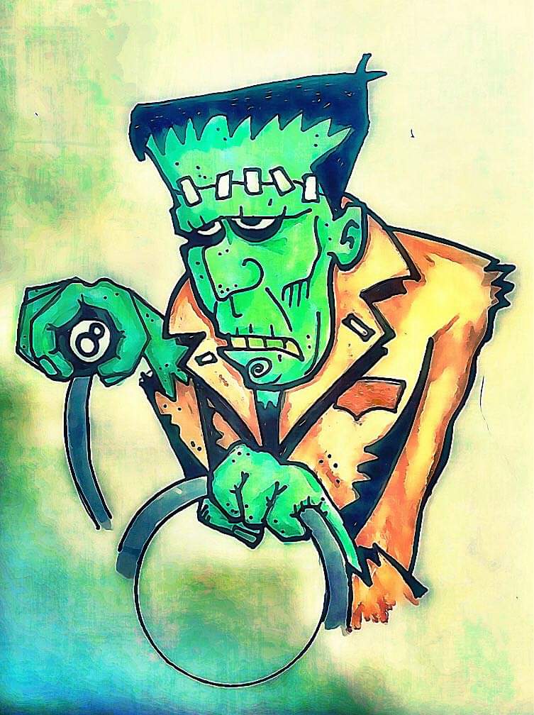 Cartoon Frankenstein with steering wheel and 8-ball